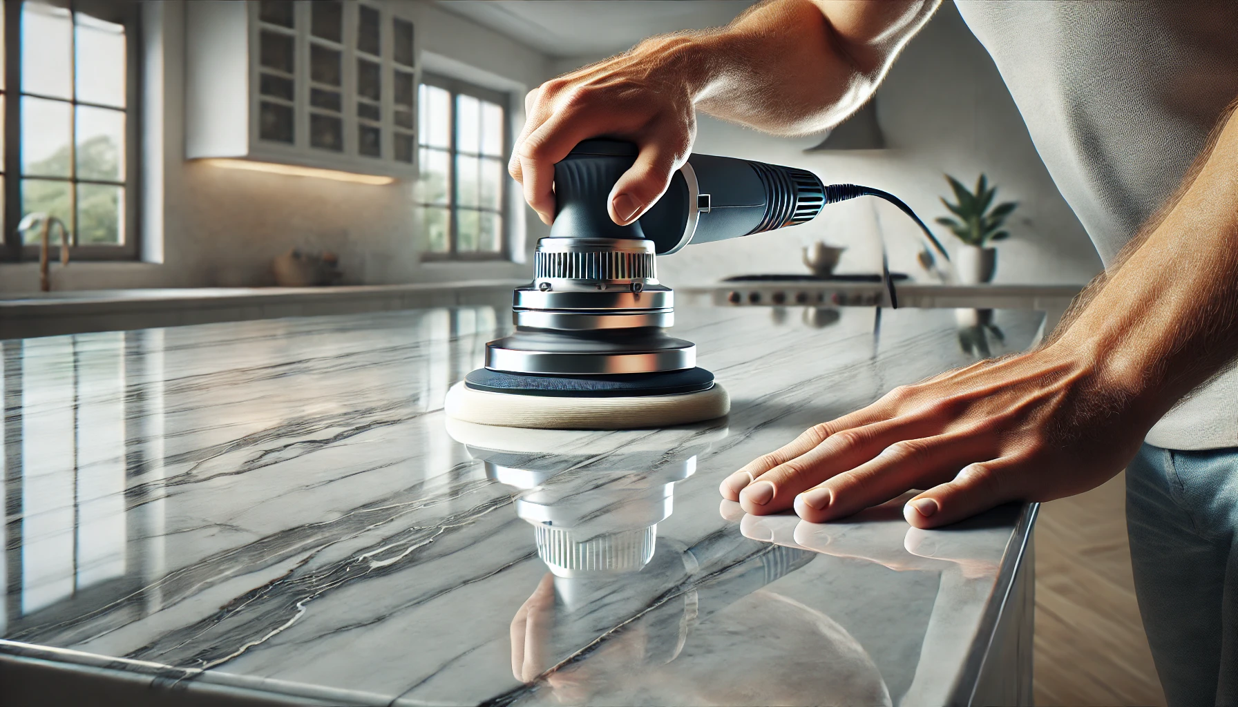 DALL·E 2025 01 04 16.58.33 A hyper realistic photograph of a person polishing a marble countertop using a modern buffer tool. The marble surface is white with elegant gray veins