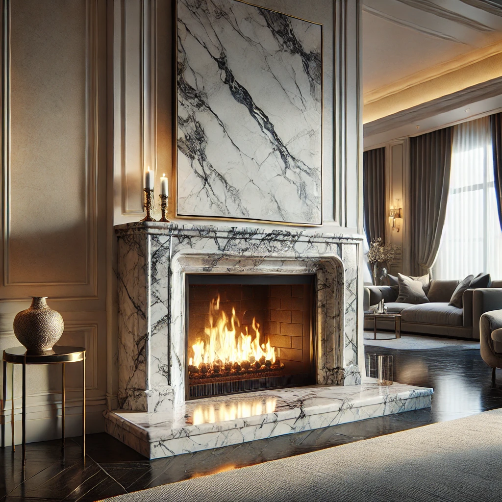 How to Polish Marble Fireplace 1 DALL·E 2025 01 07 15.59.39 A hyper realistic image of a polished marble fireplace in a luxurious living room setting. The fireplace showcases finely detailed glossy marble with