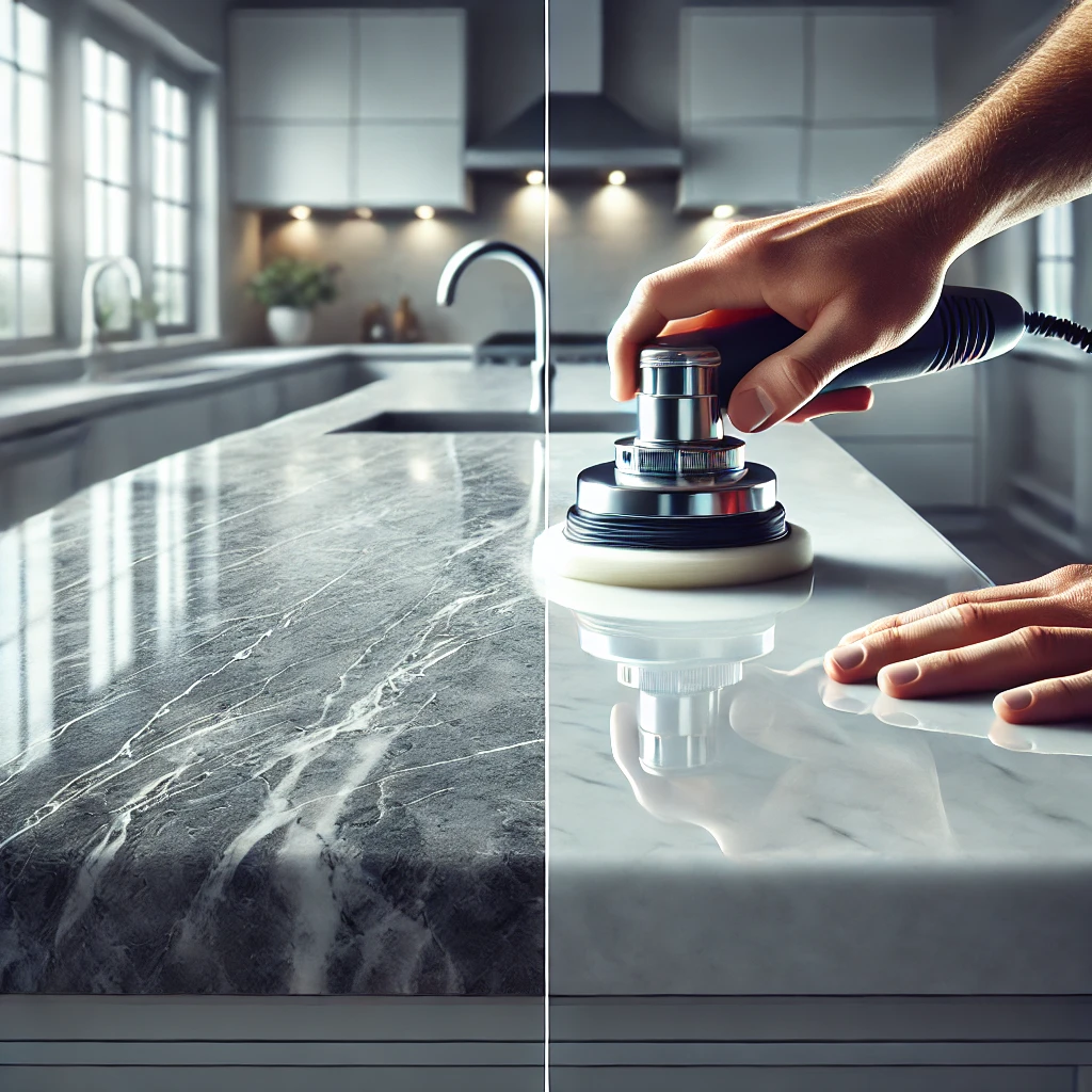 DALL·E 2025 01 10 16.59.00 A high quality and realistic image of a marble countertop restoration process. The focus is on the countertop with one side looking worn and the other
