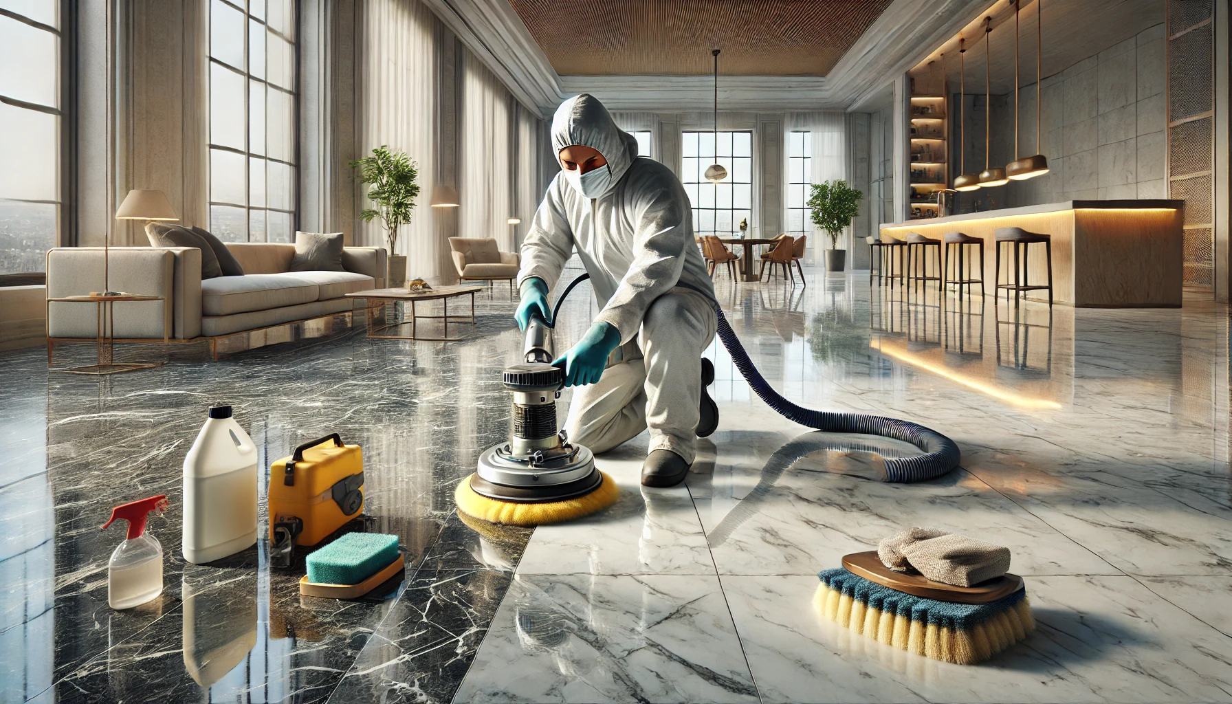 DALL·E 2025 01 11 14.02.47 A photorealistic image of a professional restoring marble floors with a focus on the tools and techniques involved. The scene depicts a spacious wel