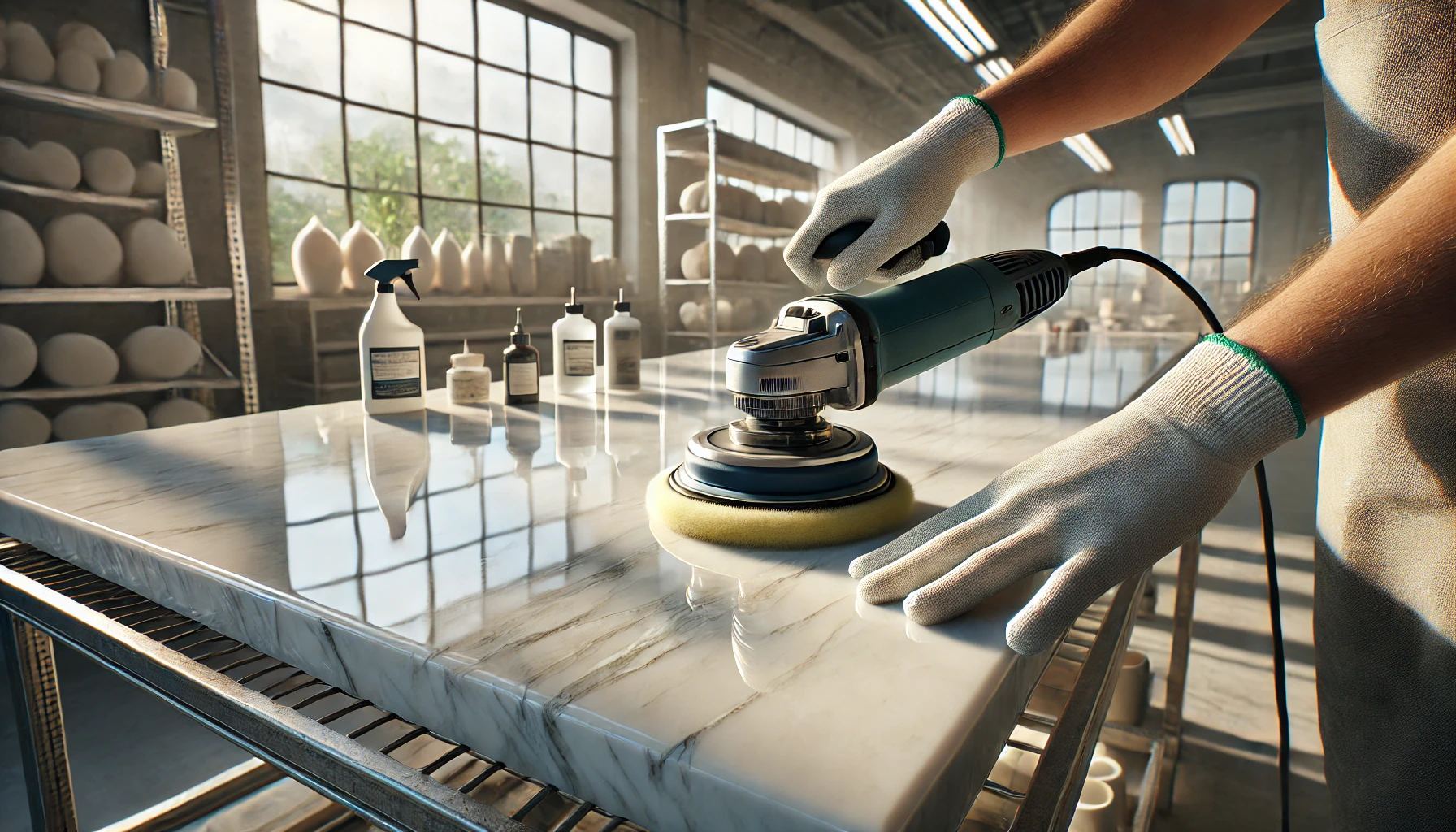 How to Restore Etched Marble 1 DALL·E 2025 01 13 15.41.26 A highly realistic image showing the process of restoring etched marble to its original attractive appearance. The scene is set in a professional wor