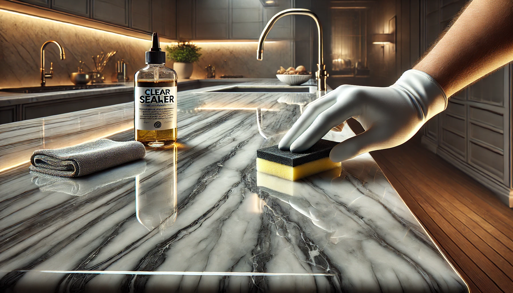 DALL·E 2025 01 15 15.02.45 A photorealistic depiction of a marble countertop being sealed showcasing a step by step process. The countertop is sleek and polished with a