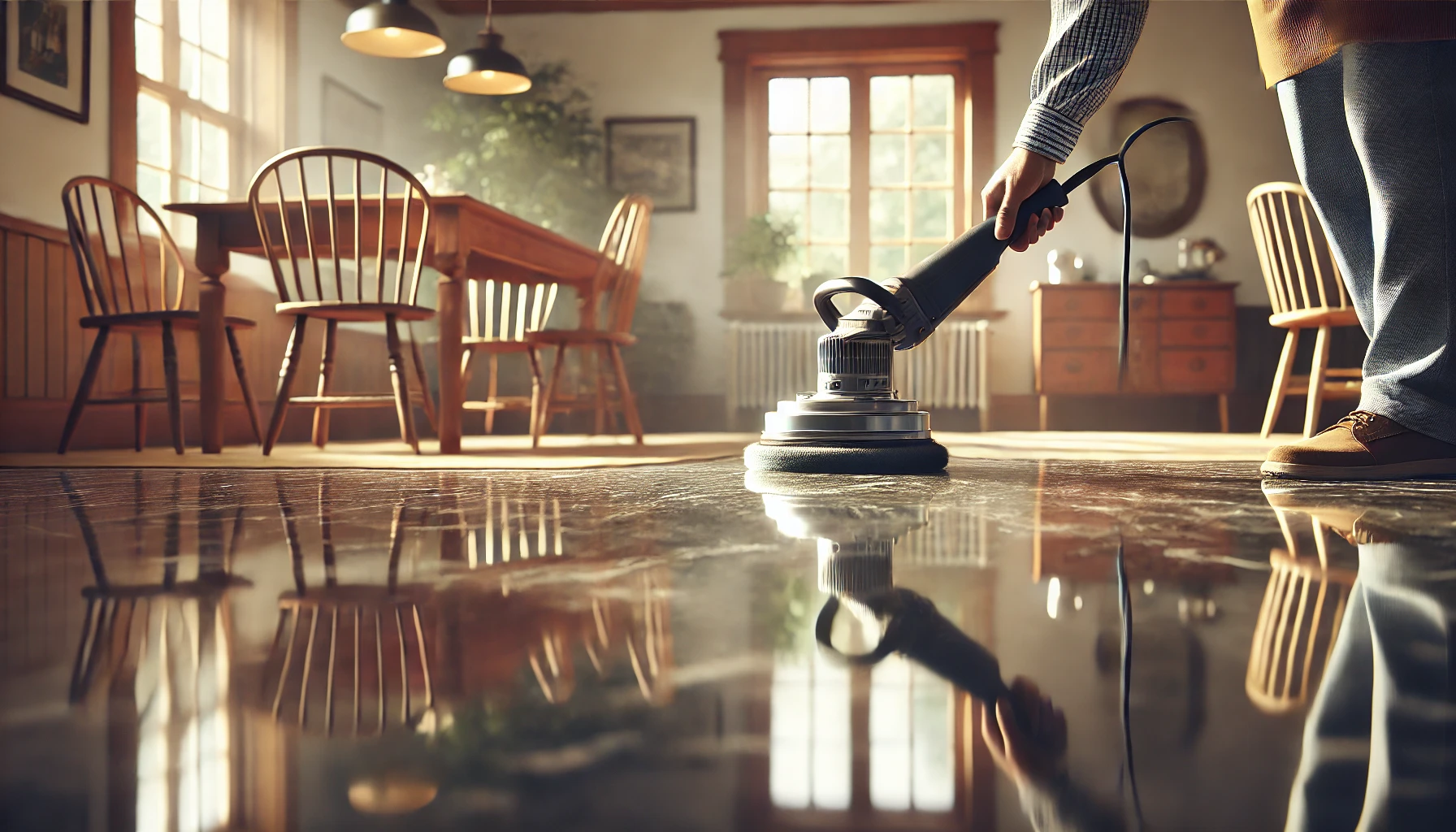 DALL·E 2025 01 18 16.44.25 A realistic image of a marble floor being polished in a normal house setting showing only a hand operating a compact polishing machine. The focus is
