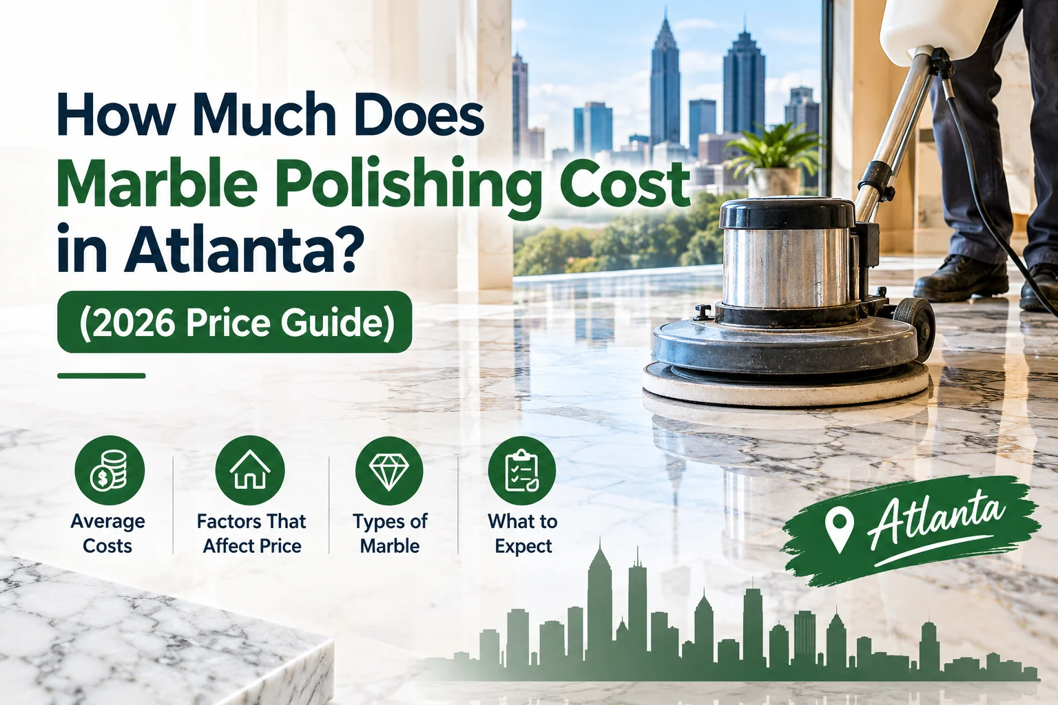 Professional polishing a marble floor with a diamond pad machine in an Atlanta home